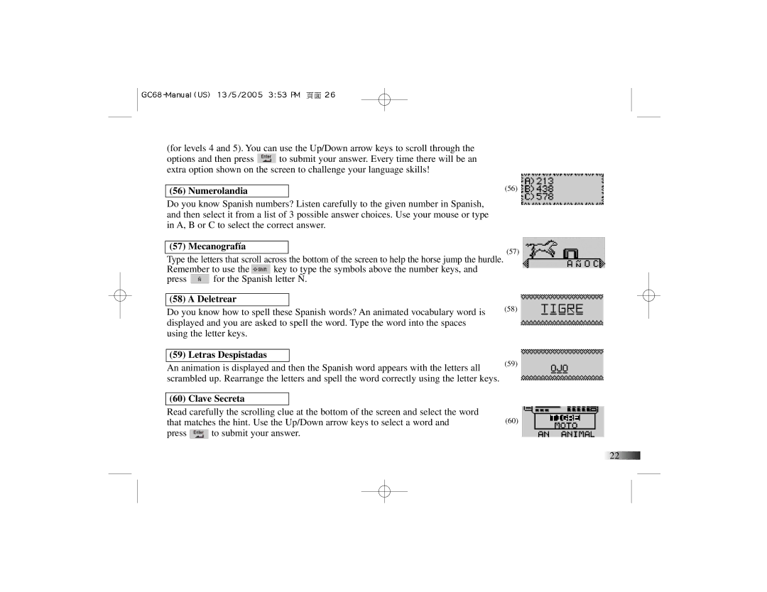 Oregon Scientific G068 manual Numerolandia, Mecanografía, Deletrear, Letras Despistadas, Clave Secreta 