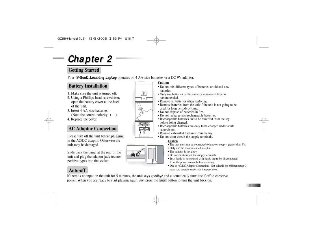 Oregon Scientific G068 manual Getting Started, Battery Installation, AC Adaptor Connection, Auto-off 