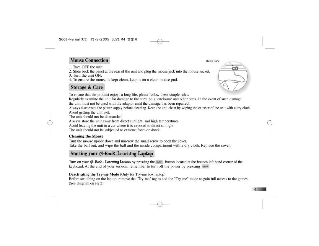 Oregon Scientific G068 manual Mouse Connection, Storage & Care, Cleaning the Mouse 