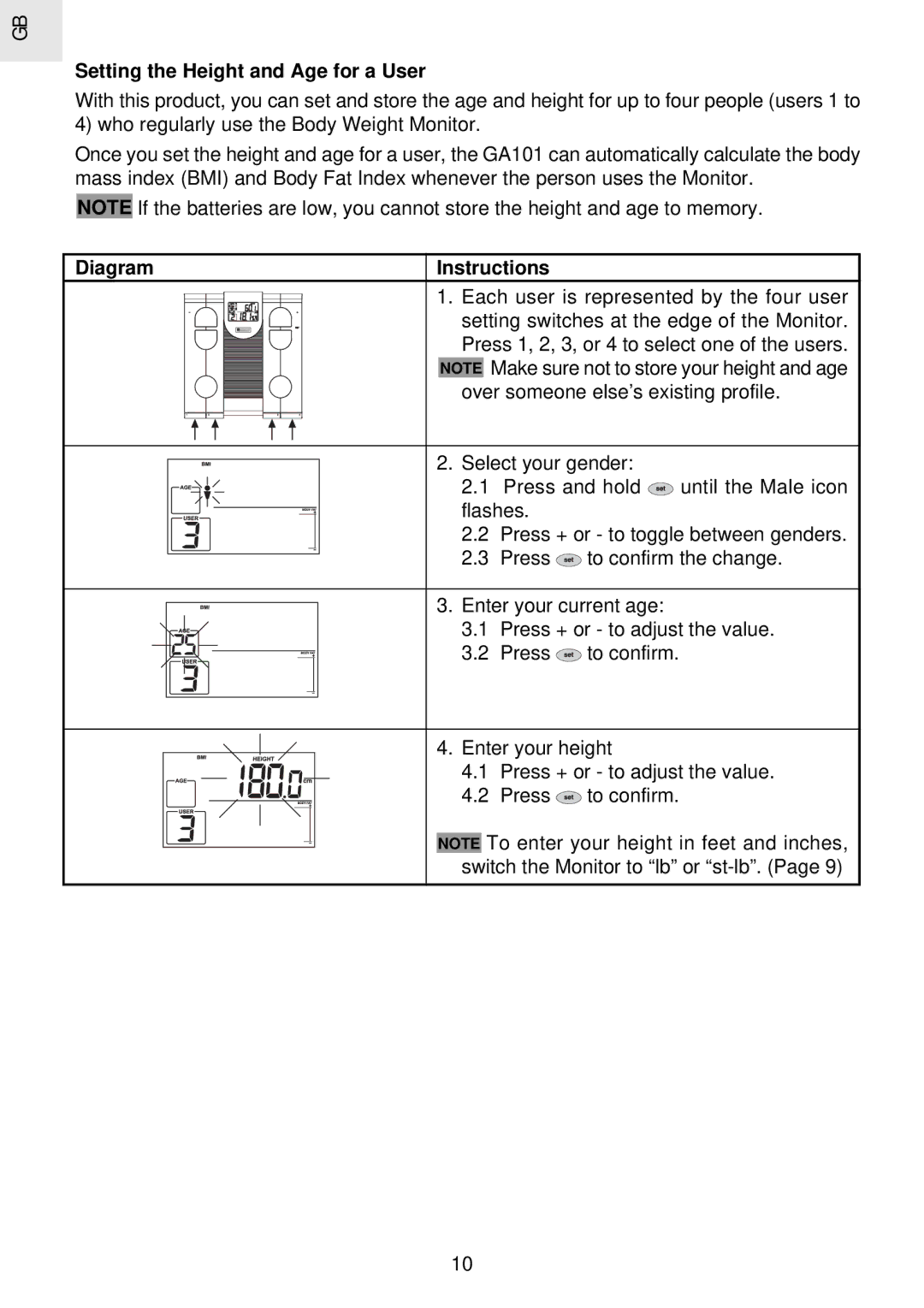 Oregon Scientific GA 101 user manual Setting the Height and Age for a User 