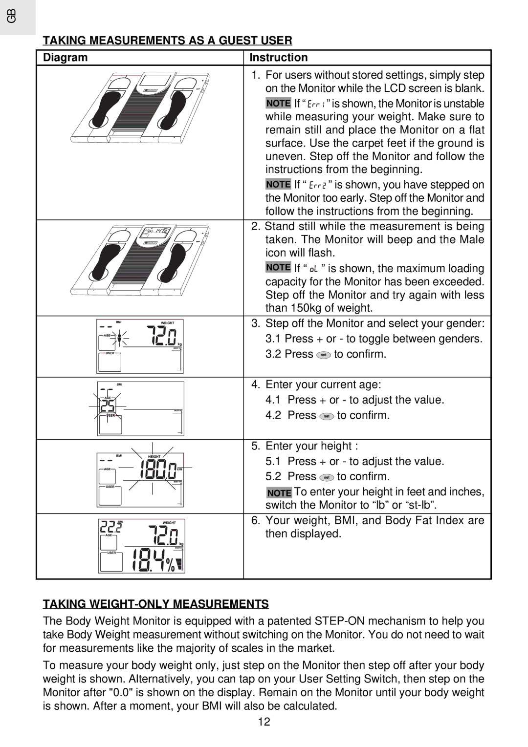 Oregon Scientific GA 101 user manual Taking Measurements AS a Guest User, Taking WEIGHT-ONLY Measurements 