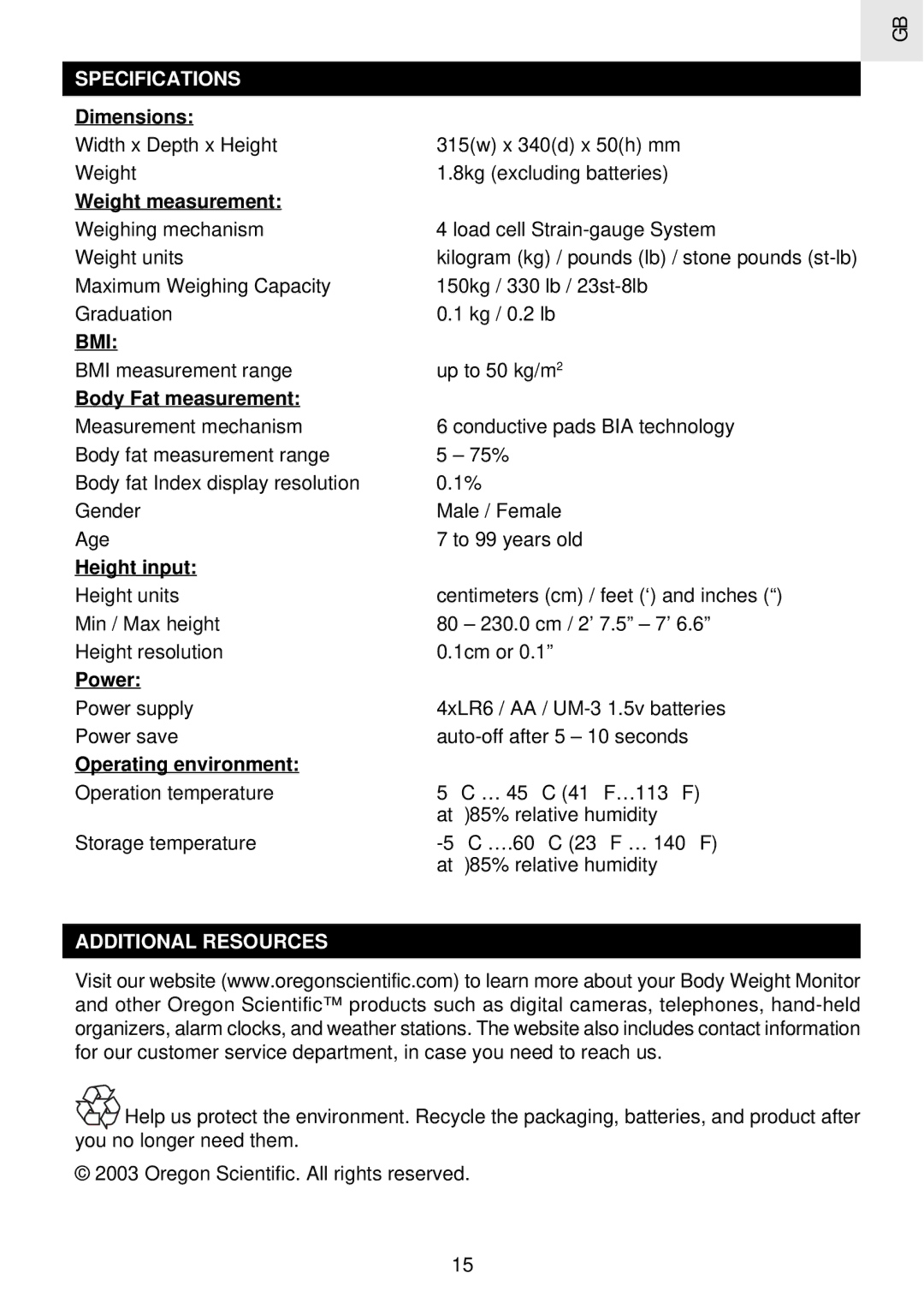 Oregon Scientific GA 101 user manual Specifications, Bmi, Additional Resources 