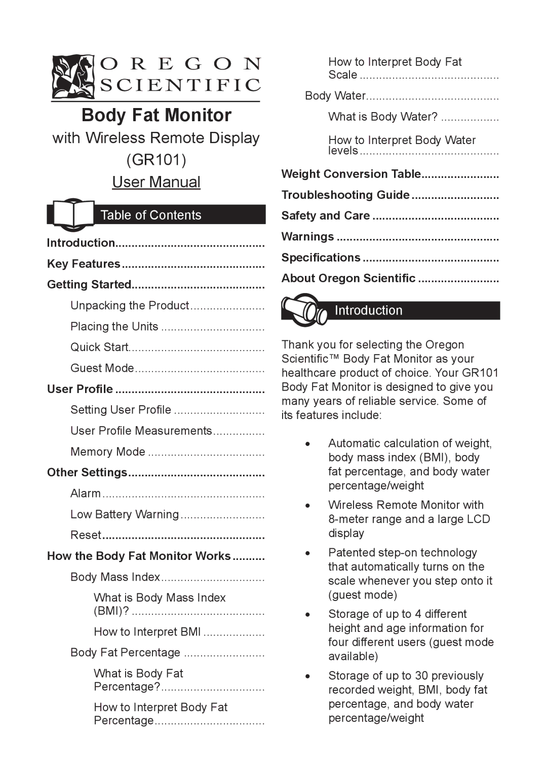 Oregon Scientific GR101 user manual Table of Contents, Introduction 