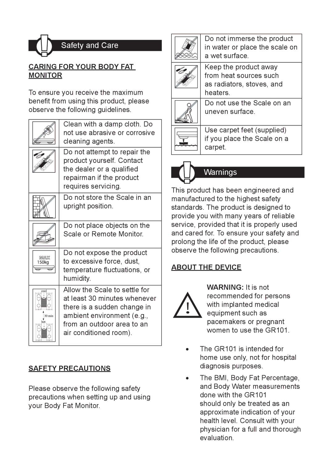 Oregon Scientific GR101 user manual Safety and Care, Caring for Your Body FAT Monitor, Safety Precautions, About the Device 