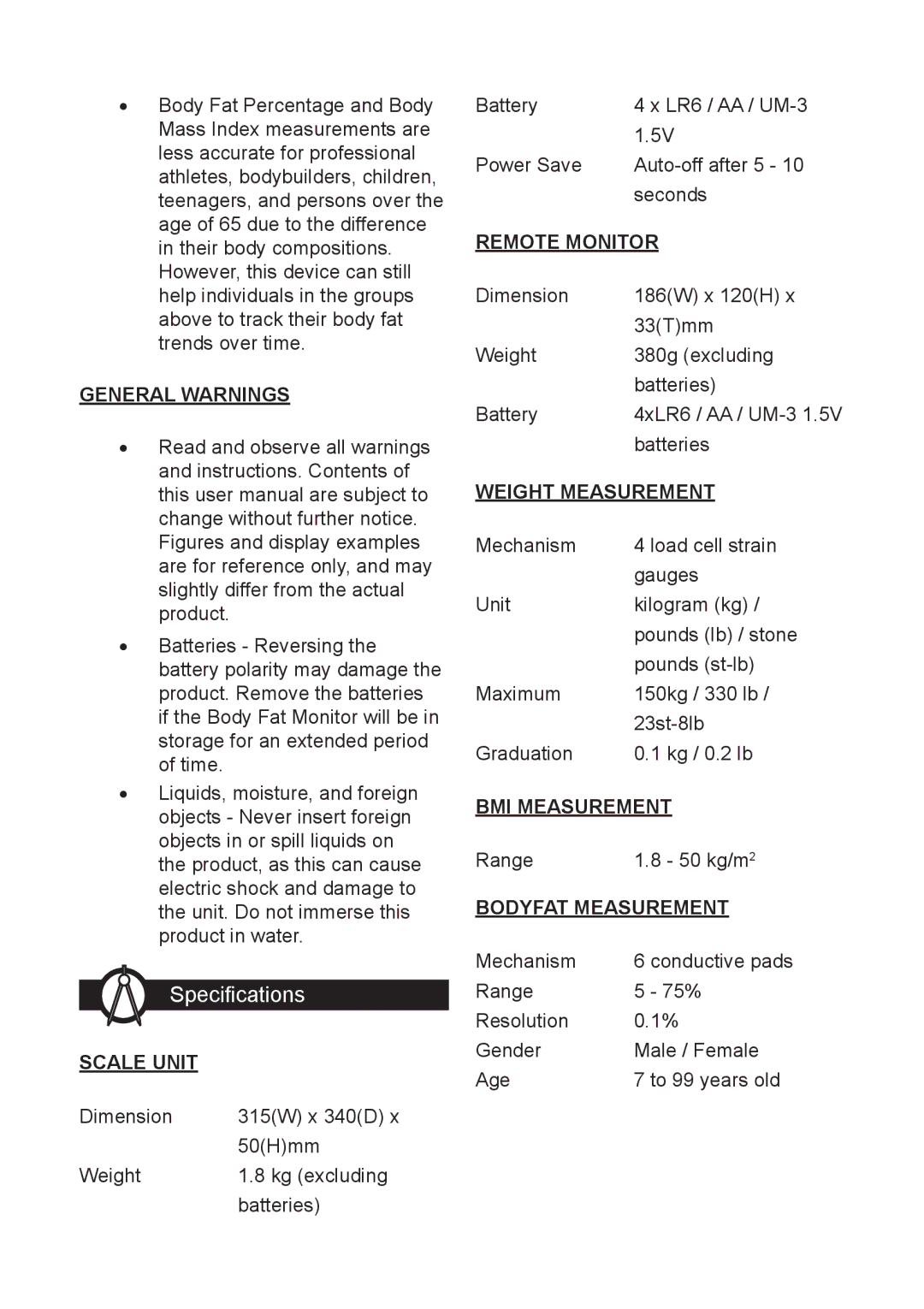 Oregon Scientific GR101 Specifications, General Warnings, Weight Measurement, BMI Measurement, Bodyfat Measurement 