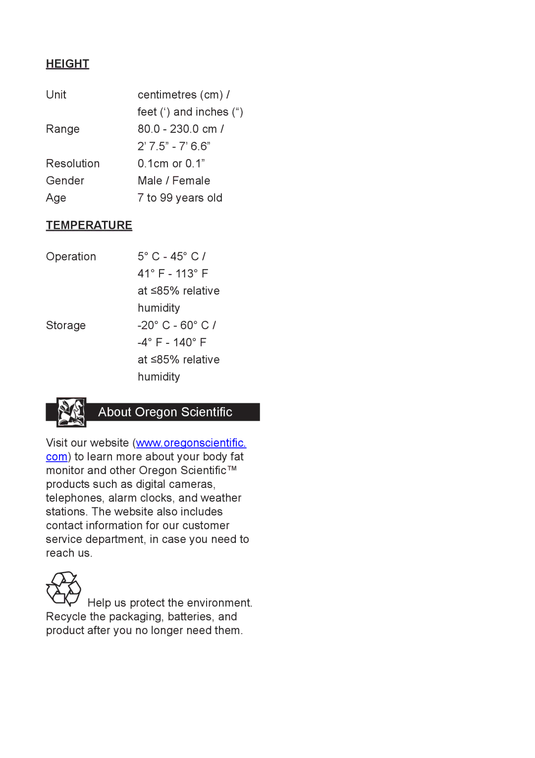 Oregon Scientific GR101 user manual About Oregon Scientific, Height, Temperature 