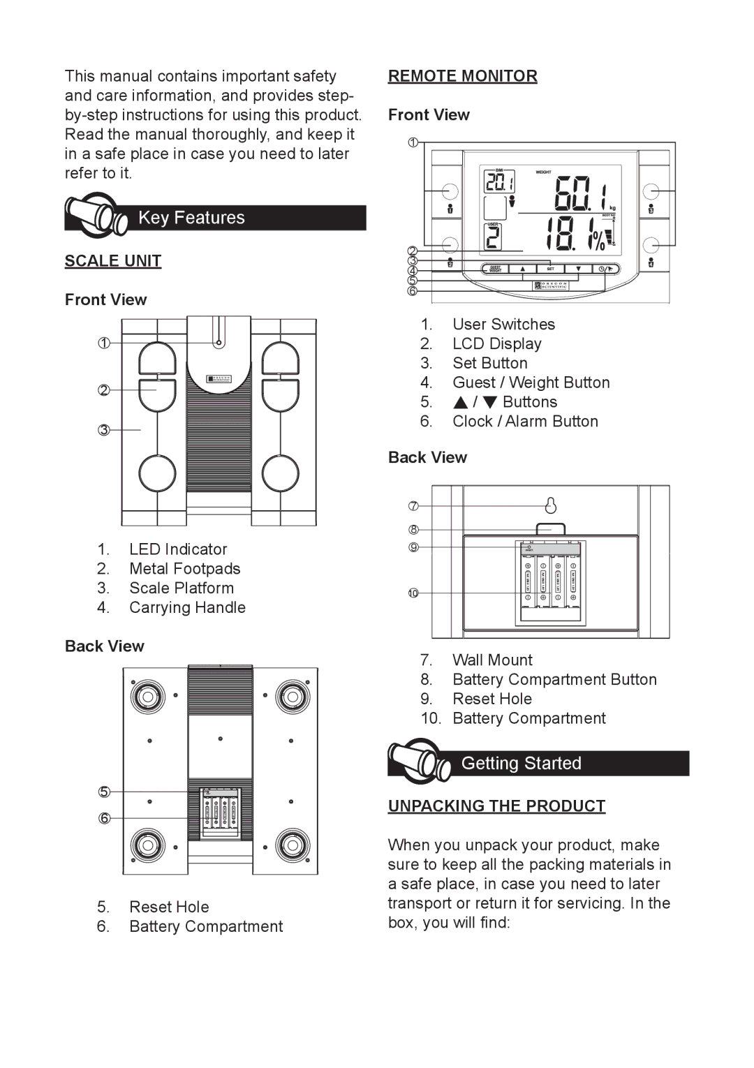 Oregon Scientific GR101 user manual Key Features, Getting Started, Scale Unit, Remote Monitor, Unpacking the Product 