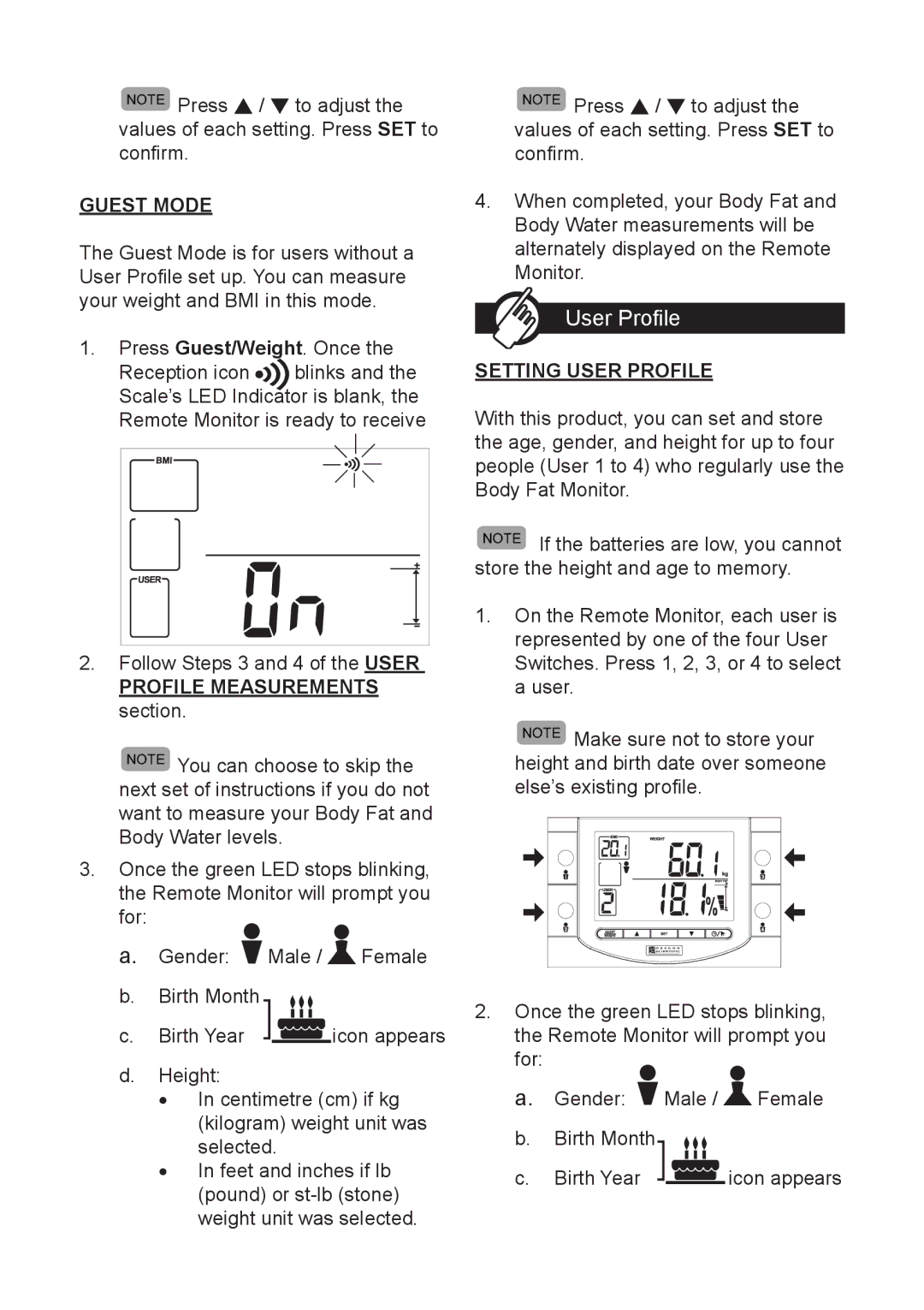 Oregon Scientific GR101 user manual Guest Mode, Profile Measurements section, Setting User Profile 