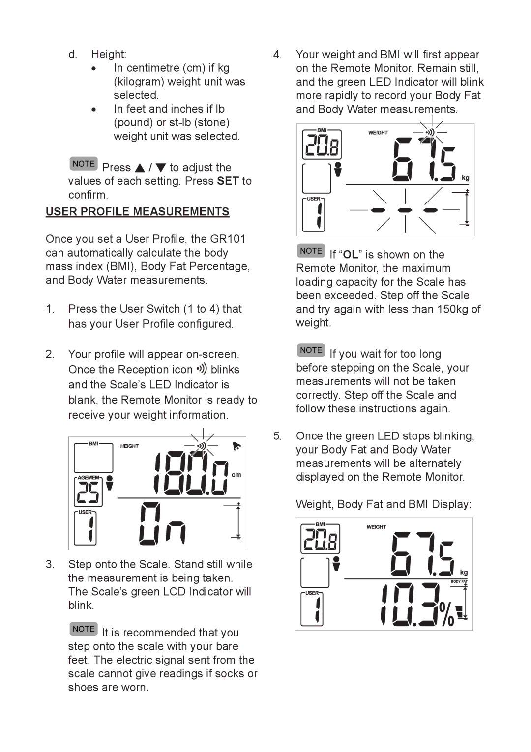 Oregon Scientific GR101 user manual User Profile Measurements 