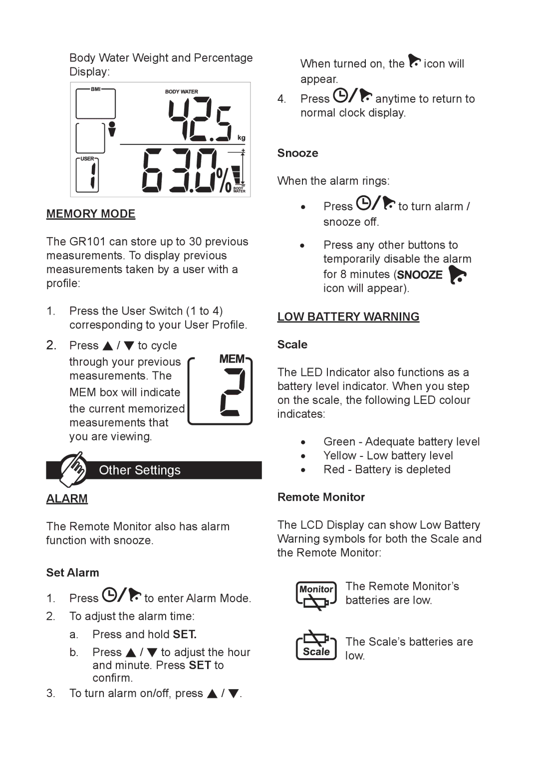 Oregon Scientific GR101 user manual Other Settings, Memory Mode, Alarm, LOW Battery Warning 