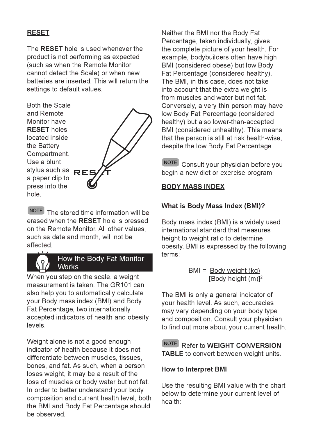 Oregon Scientific GR101 user manual How the Body Fat Monitor Works, Reset, What is Body Mass Index BMI? 