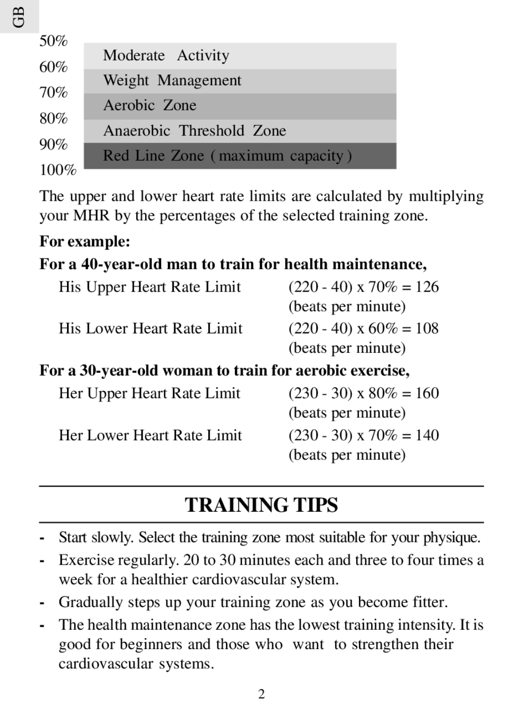 Oregon Scientific HR102 user manual Training Tips, For a 30-year-old woman to train for aerobic exercise 