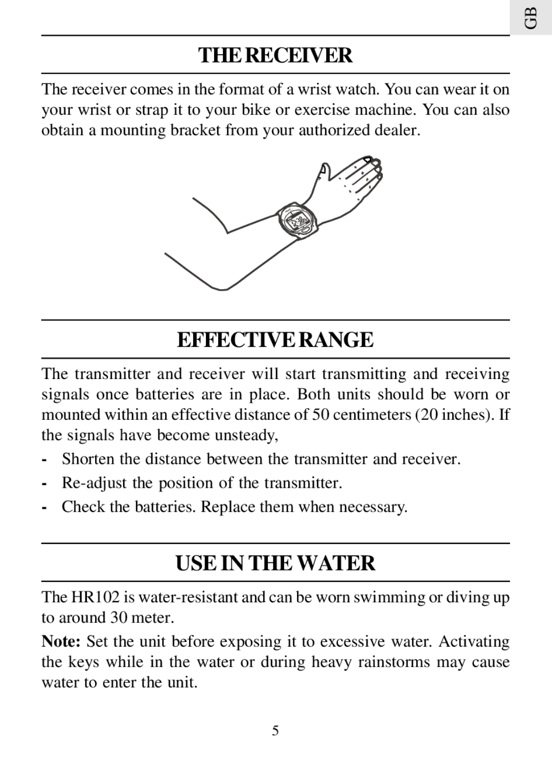 Oregon Scientific HR102 user manual Receiver, Effective Range, USE in the Water 