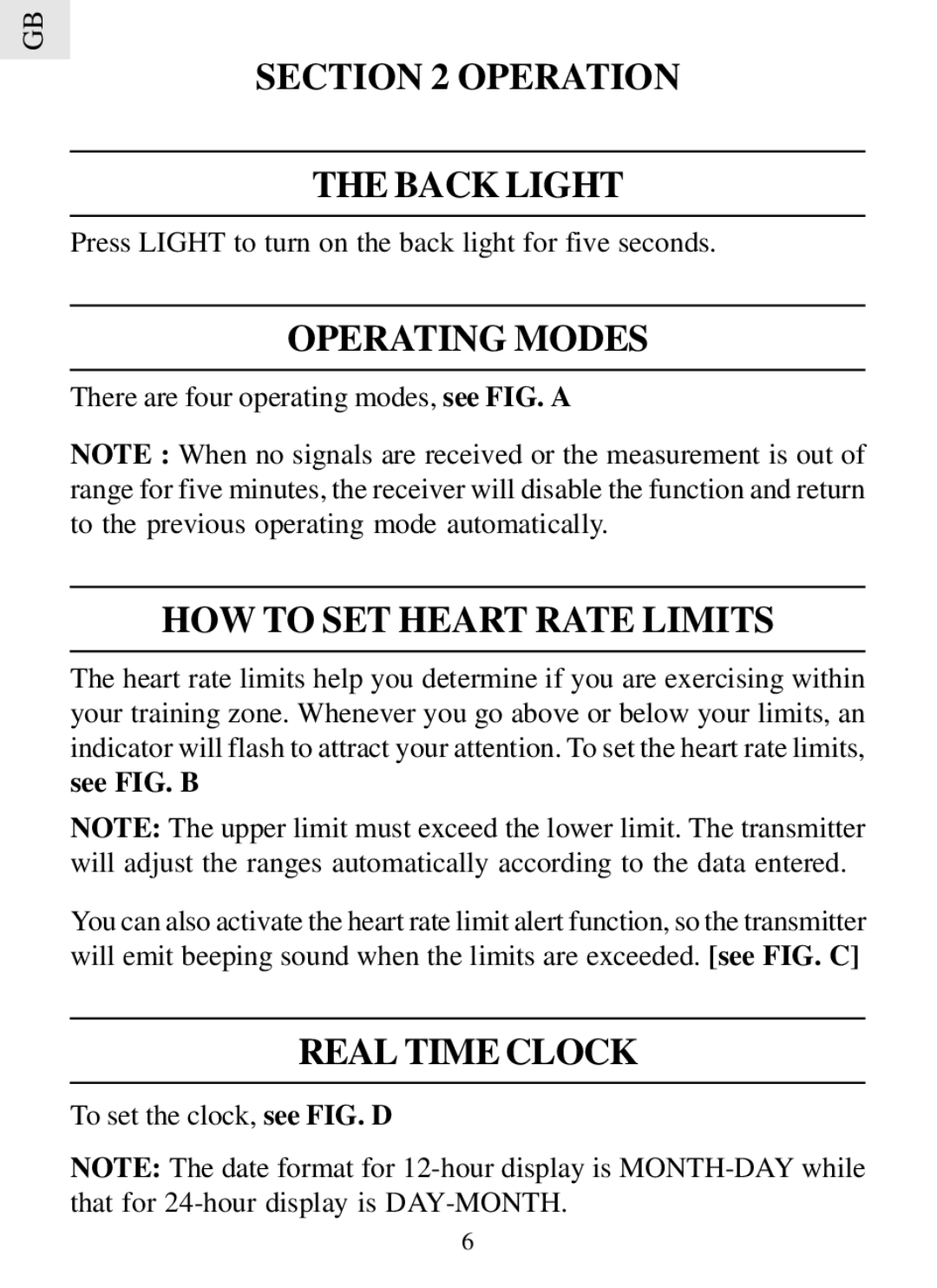 Oregon Scientific HR102 user manual Operation Back Light, Operating Modes, HOW to SET Heart Rate Limits, Real Time Clock 