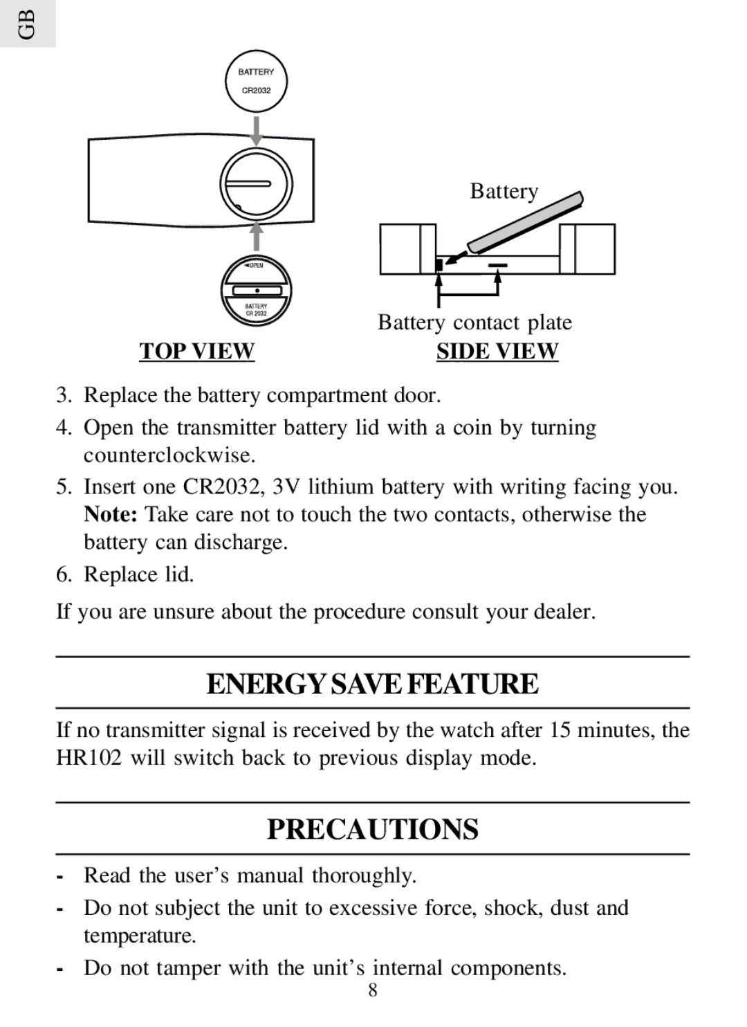 Oregon Scientific HR102 user manual Energy Save Feature, Precautions 