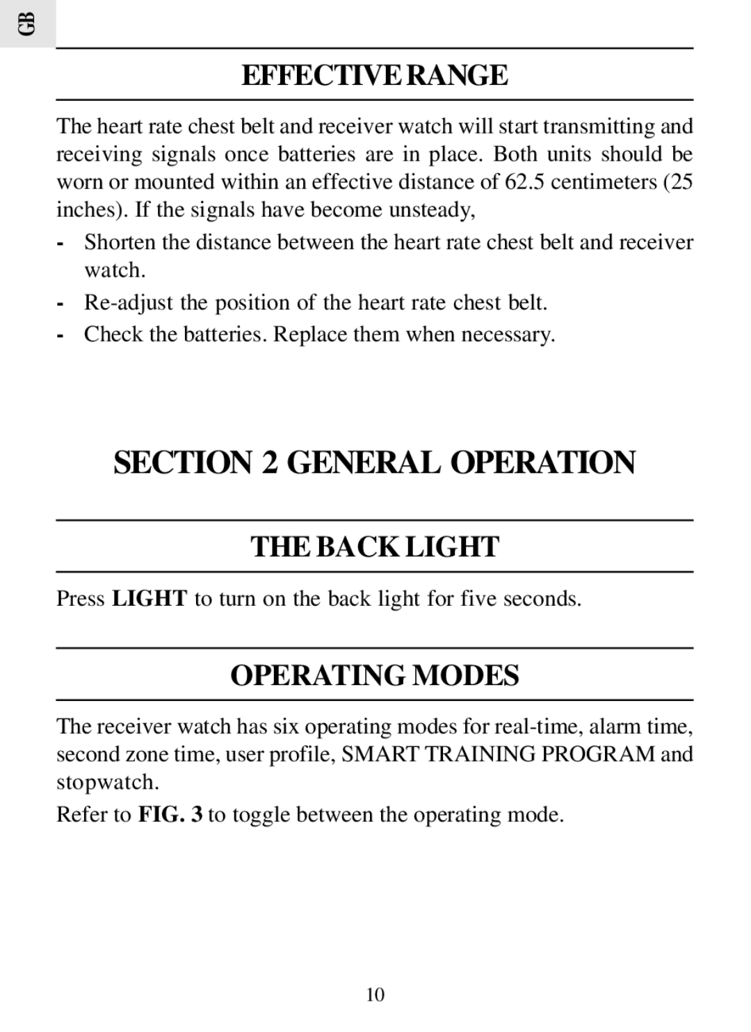 Oregon Scientific HR308 user manual Effective Range, Back Light, Operating Modes 