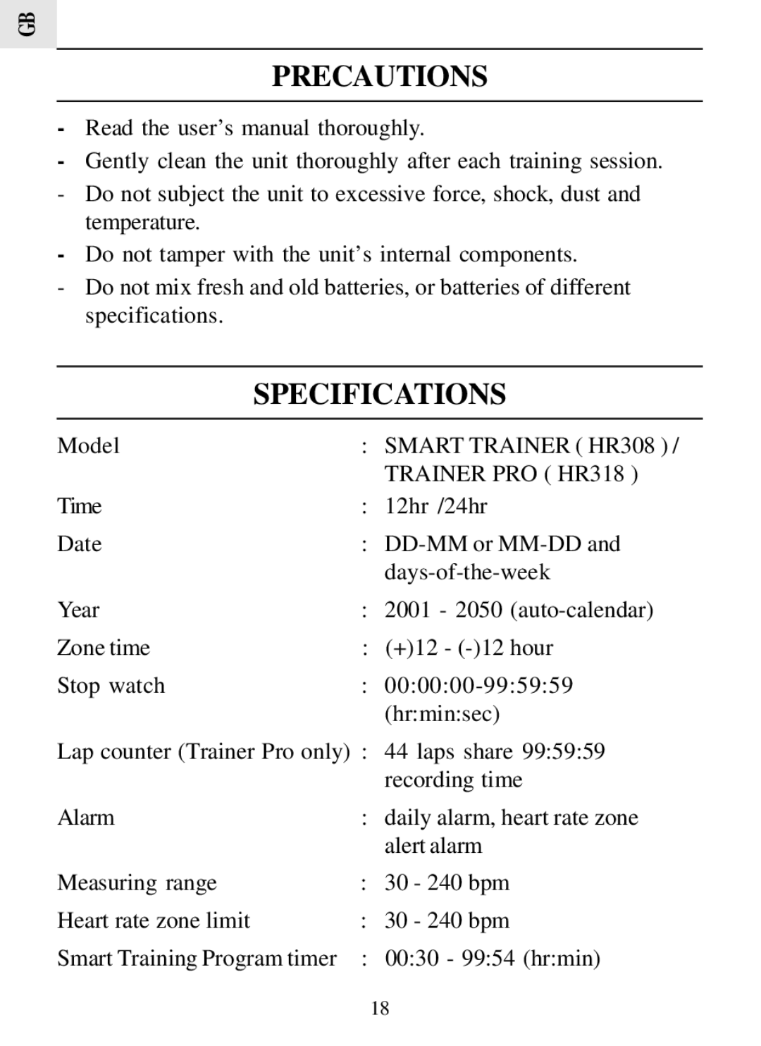 Oregon Scientific HR308 user manual Precautions, Specifications 