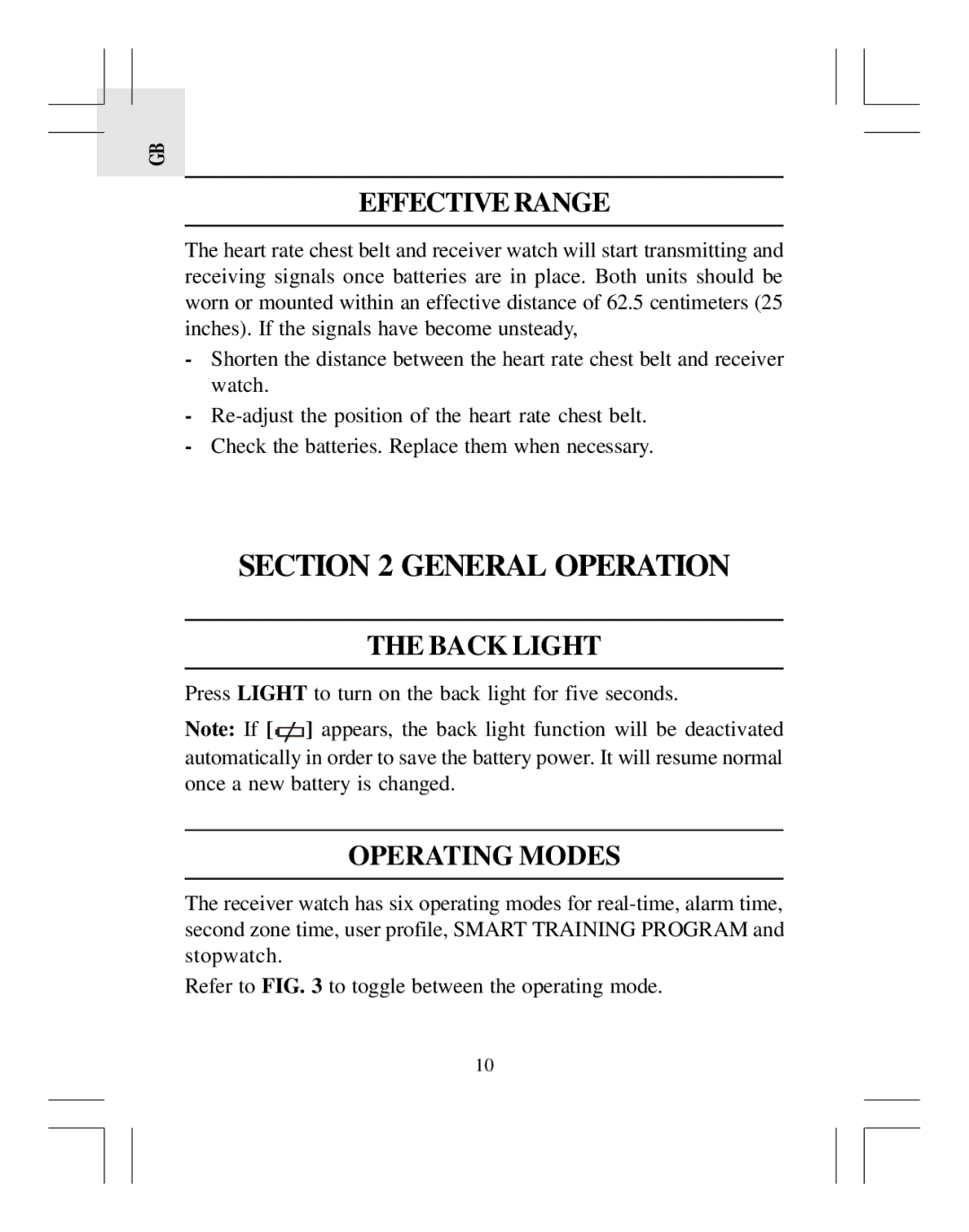 Oregon Scientific HR318 user manual Effective Range, Back Light, Operating Modes 