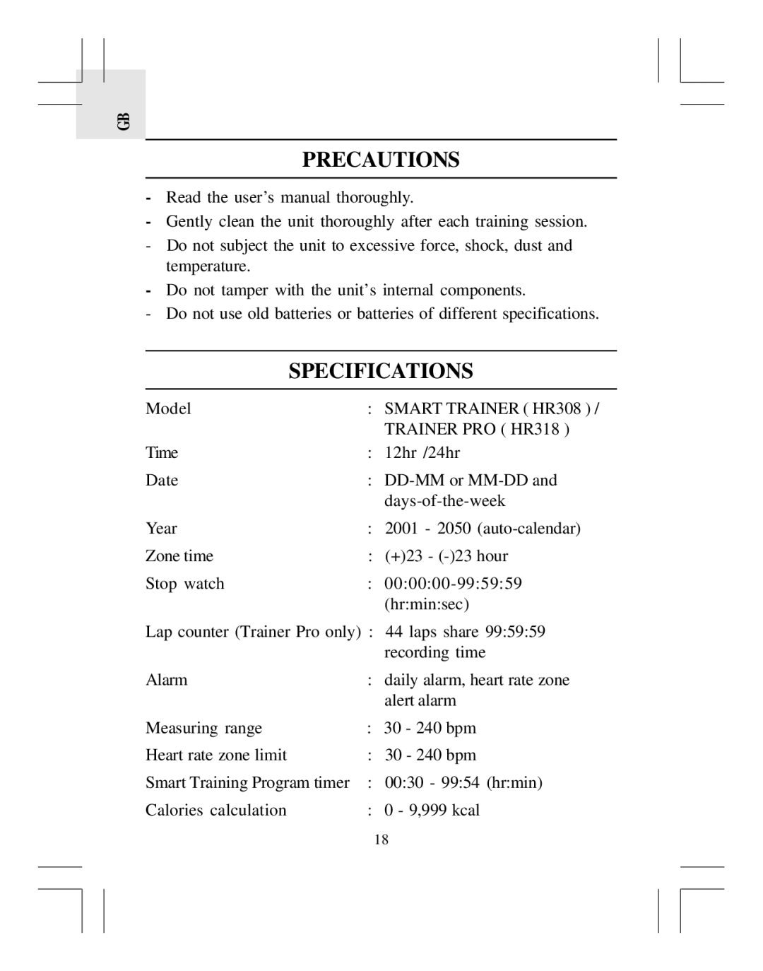 Oregon Scientific HR318 user manual Precautions, Specifications 