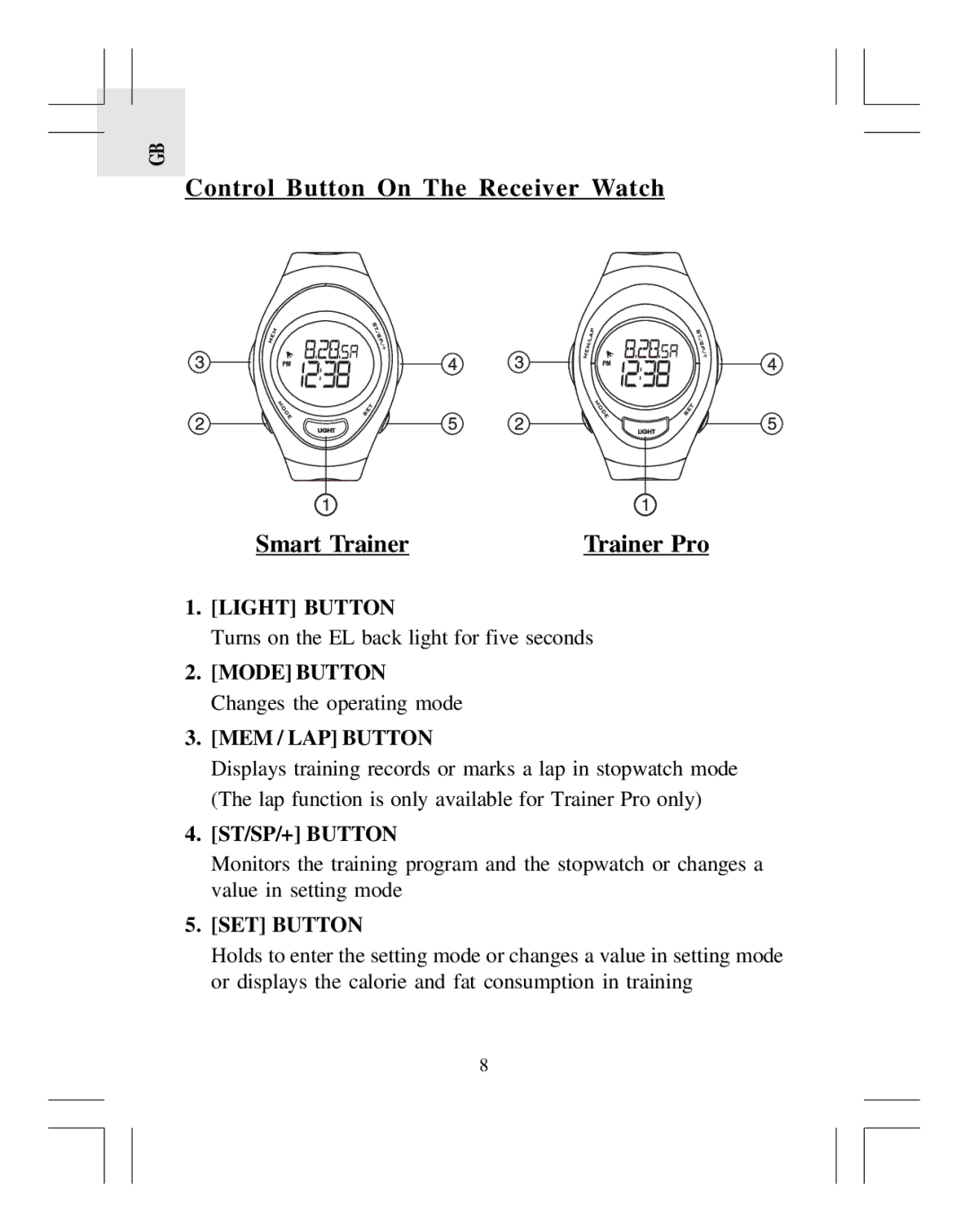 Oregon Scientific HR318 user manual Control Button On The Receiver Watch Smart Trainer 