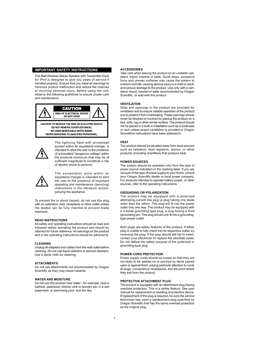 Oregon Scientific IB368 important safety instructions Important Safety Instructions 