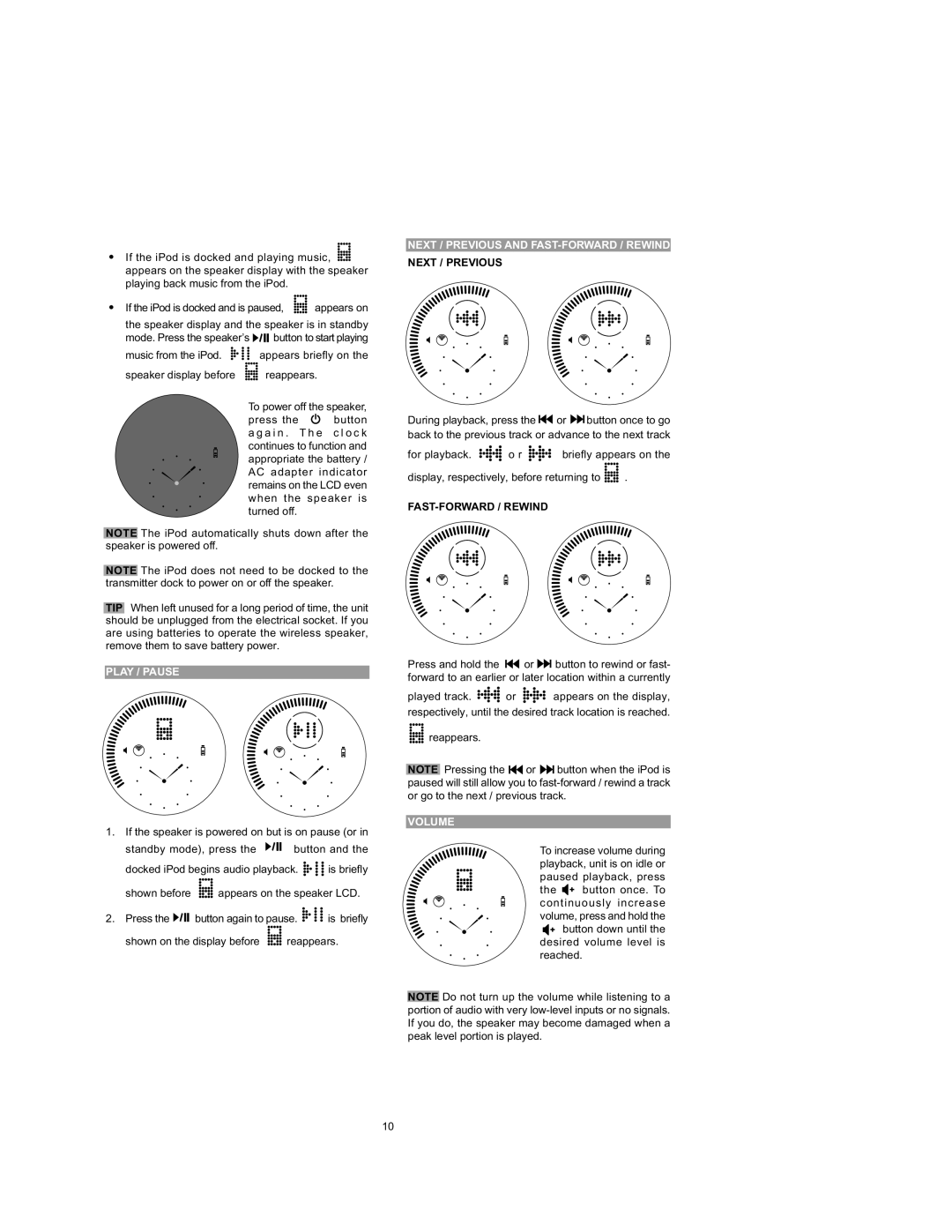 Oregon Scientific IB368 important safety instructions Play / Pause, Next / Previous and FAST-FORWARD / Rewind, Volume 