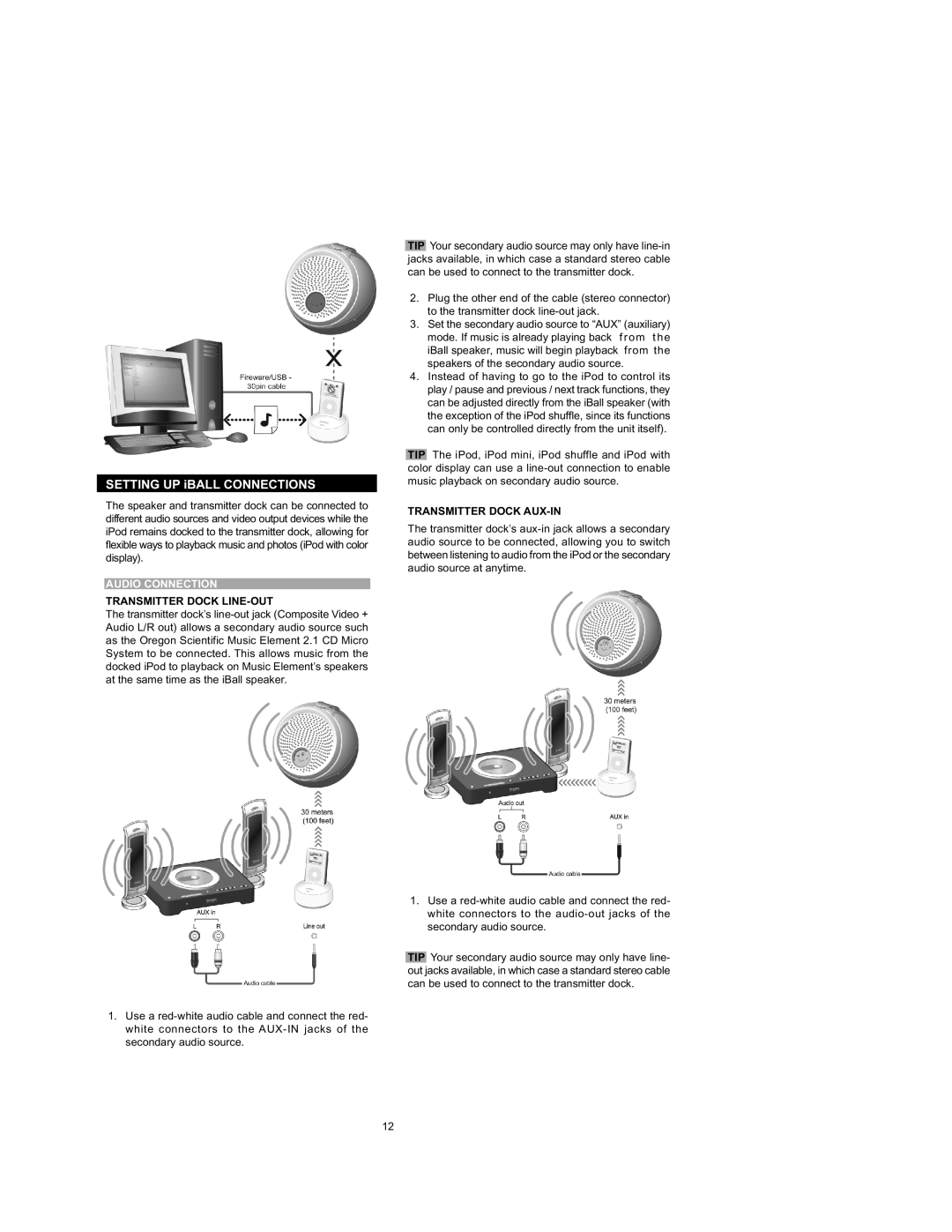 Oregon Scientific IB368 important safety instructions Audio Connection, Transmitter Dock LINE-OUT, Transmitter Dock AUX-IN 