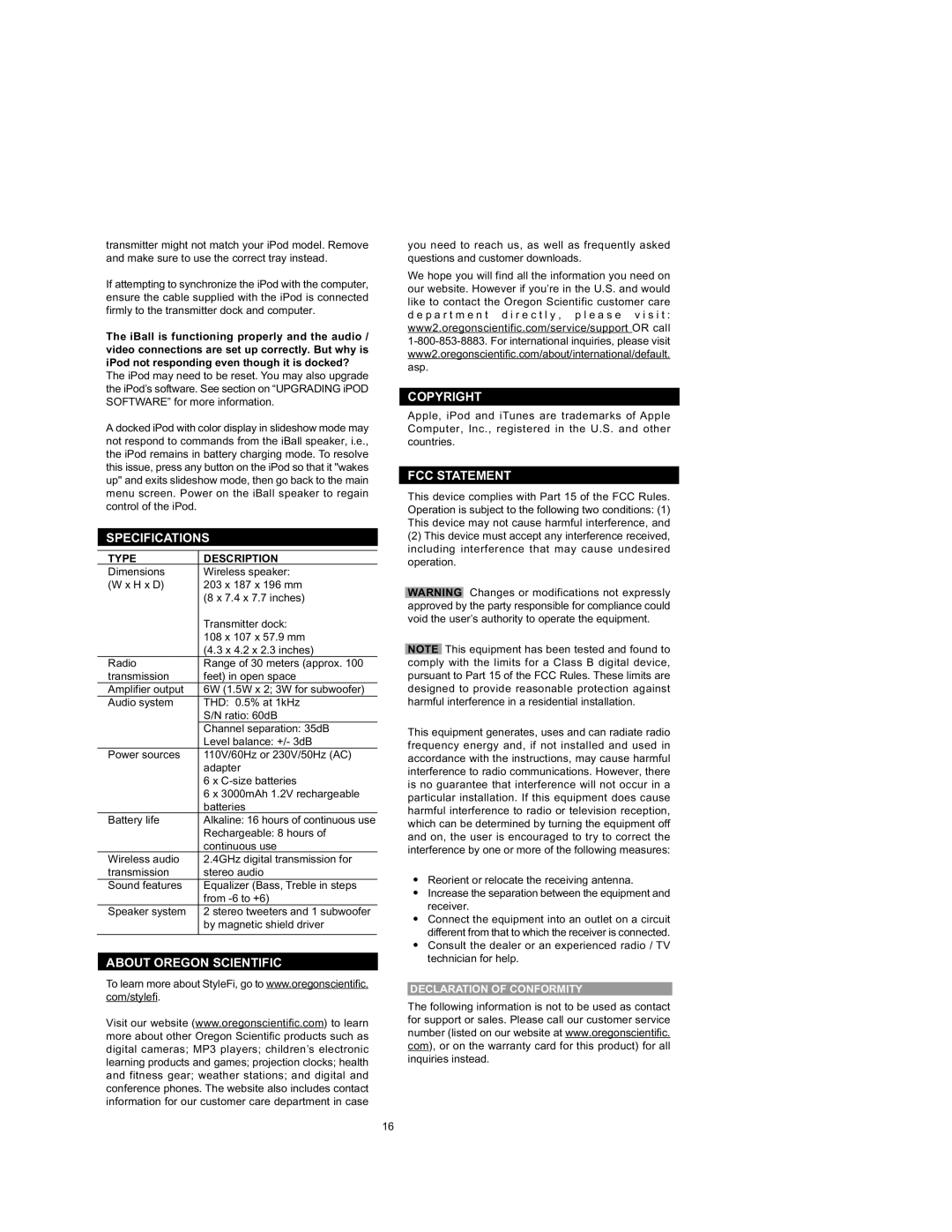 Oregon Scientific IB368 Specifications, About Oregon Scientific, Copyright, FCC Statement, Declaration of Conformity 