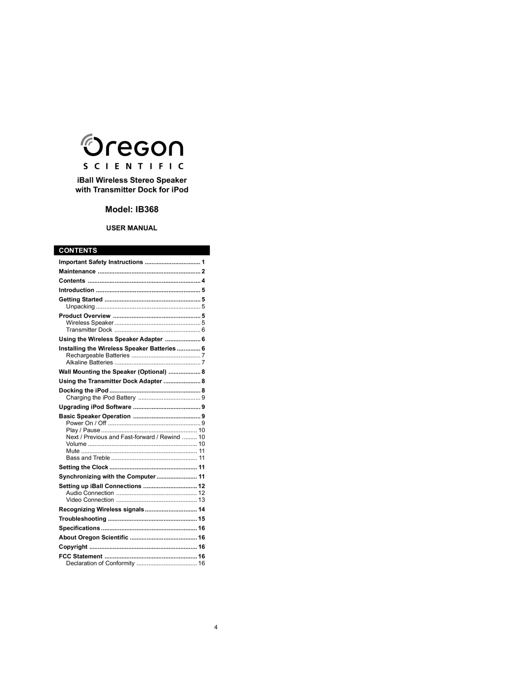 Oregon Scientific important safety instructions Model IB368, Contents 