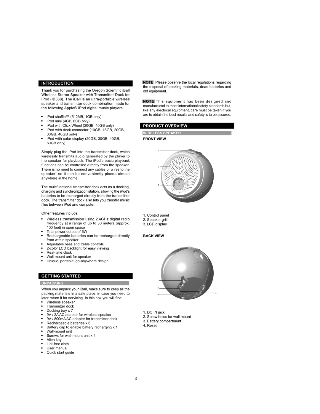 Oregon Scientific IB368 Introduction, Getting Started, Product Overview, Unpacking, Wireless Speaker 