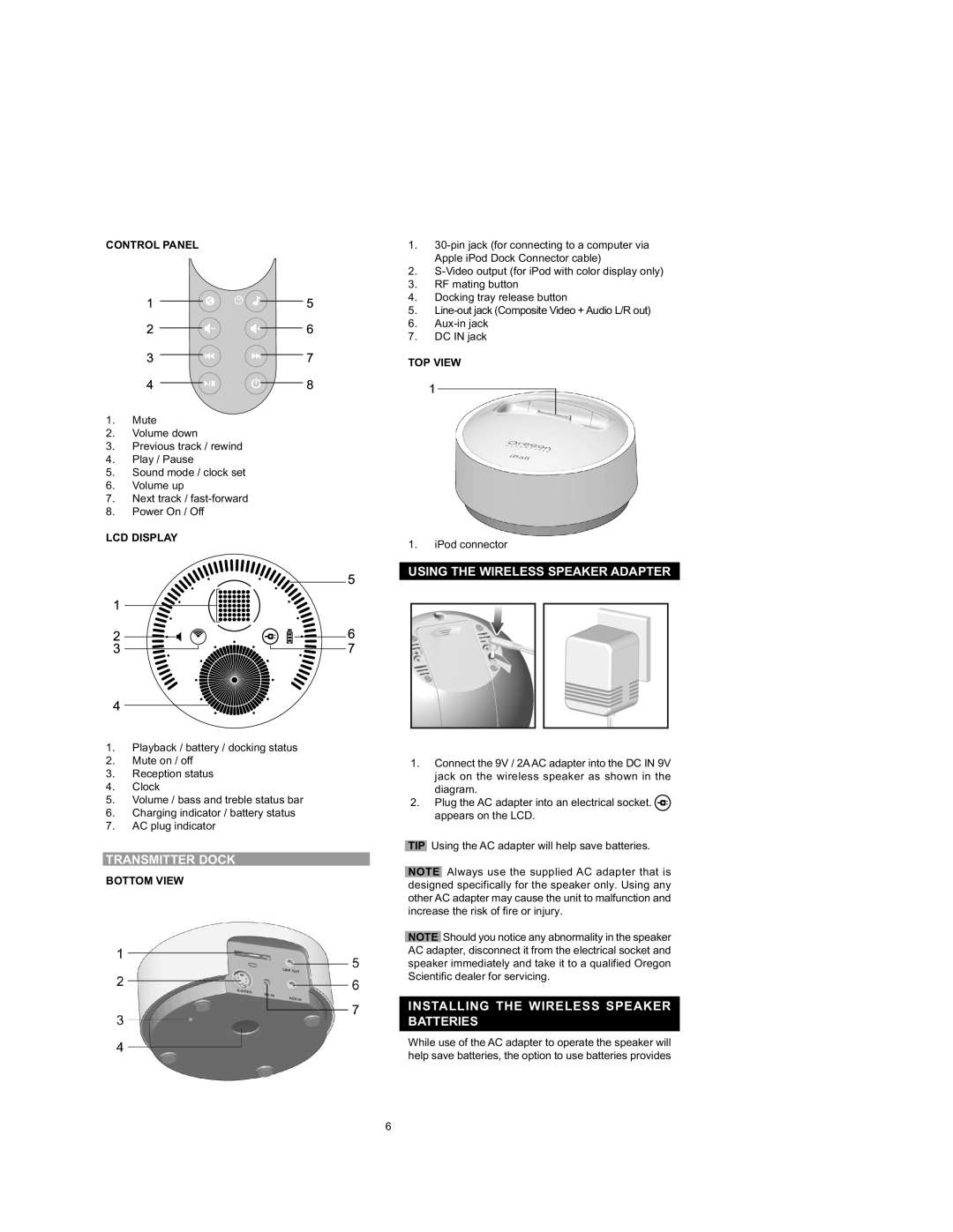 Oregon Scientific IB368 Transmitter Dock, Using the Wireless Speaker Adapter, Installing the Wireless Speaker Batteries 