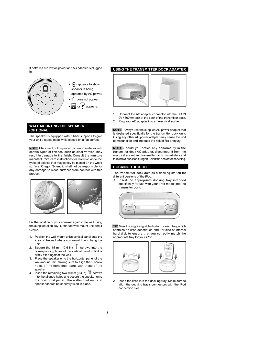 Oregon Scientific IB368 Wall Mounting the Speaker Optional, Using the Transmitter Dock Adapter 