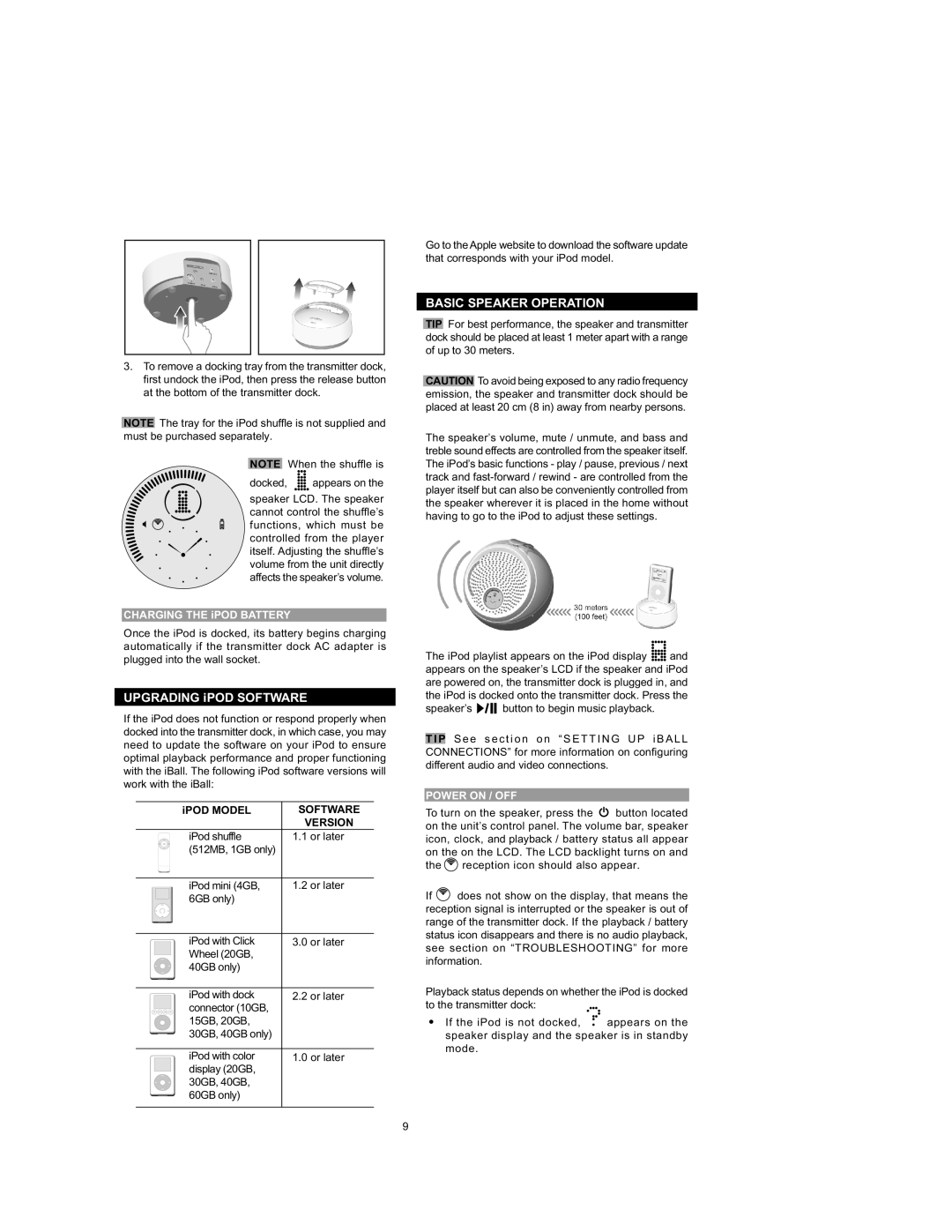 Oregon Scientific IB368 important safety instructions Basic Speaker Operation, Software, Version, Power on / OFF 