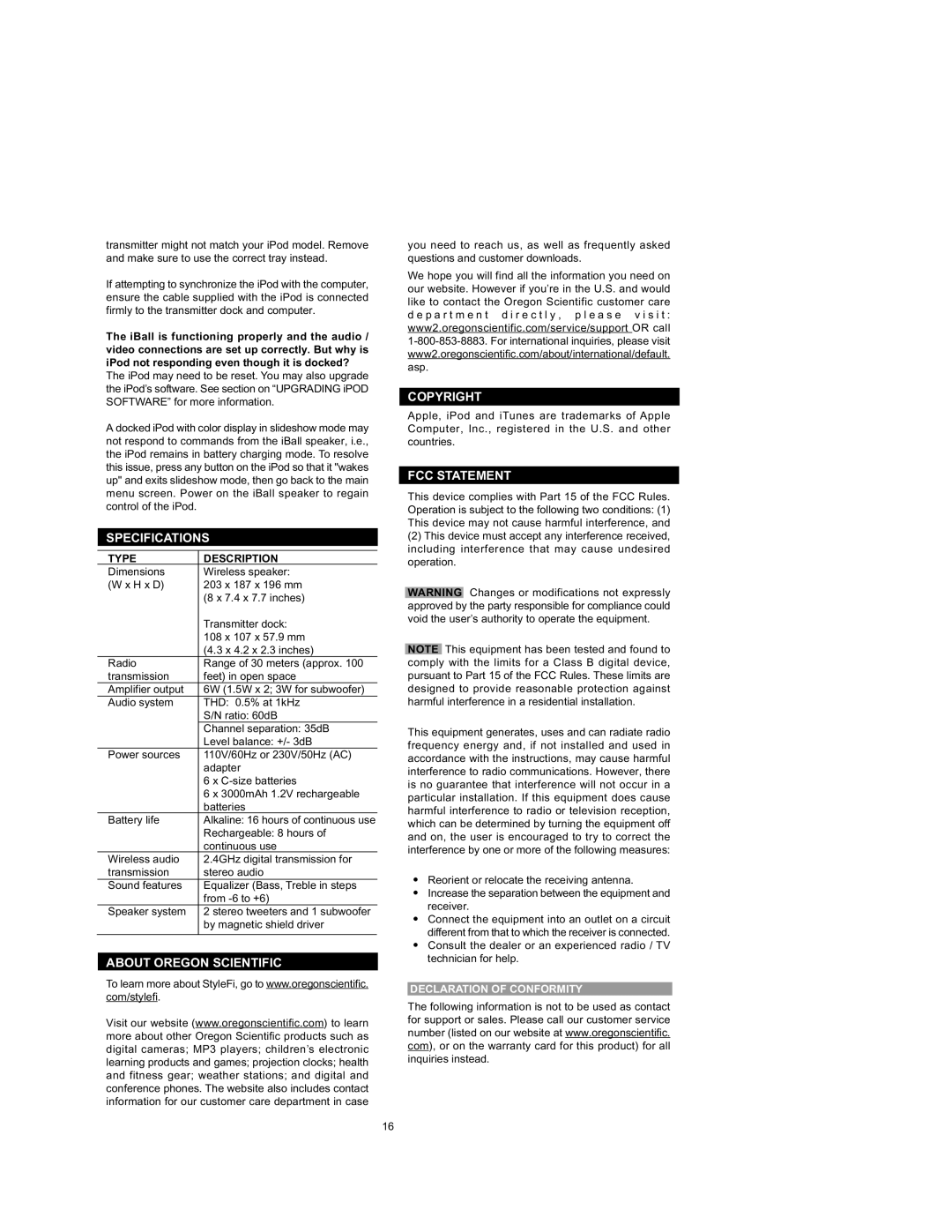Oregon Scientific IB368 Specifications, About Oregon Scientific, Copyright, Fcc Statement, Type, Description 