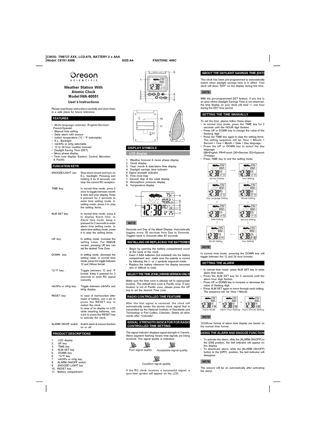 Oregon Scientific IWA-80051 manual About the Daylight Savings Time DST, Features, Funcation Keys, Product Descriptions 