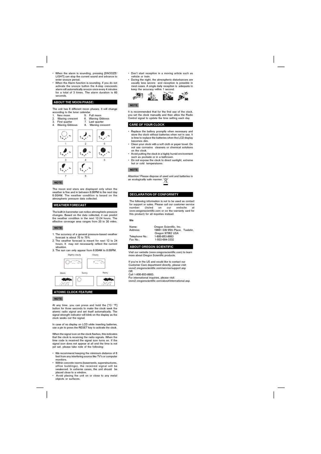 Oregon Scientific IWA-80051 manual About the Moon Phase, Weather Forecast, Atomic Clock Feature, Care of Your Clock 