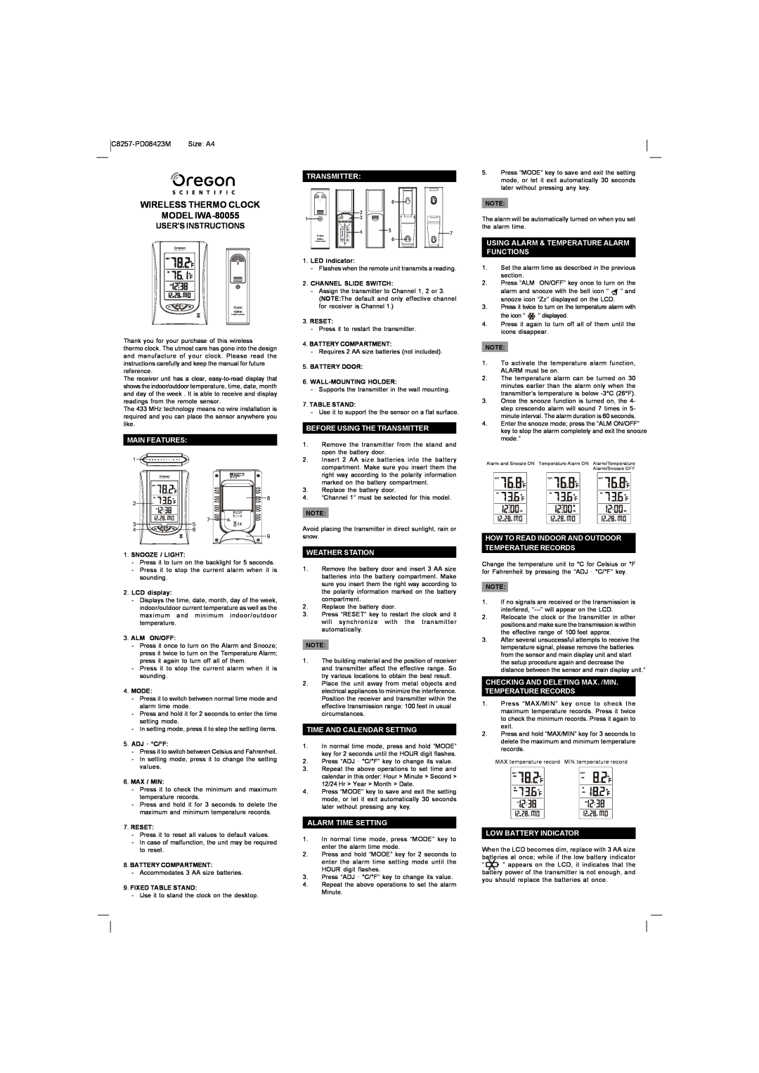 Oregon Scientific manual WIRELESS THERMO CLOCK MODEL IWA-80055, User’S Instructions 