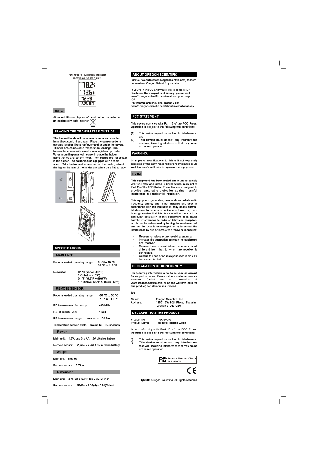 Oregon Scientific IWA-80055 manual Main Unit, Remote Sensor, Power, Weight, Dimension 