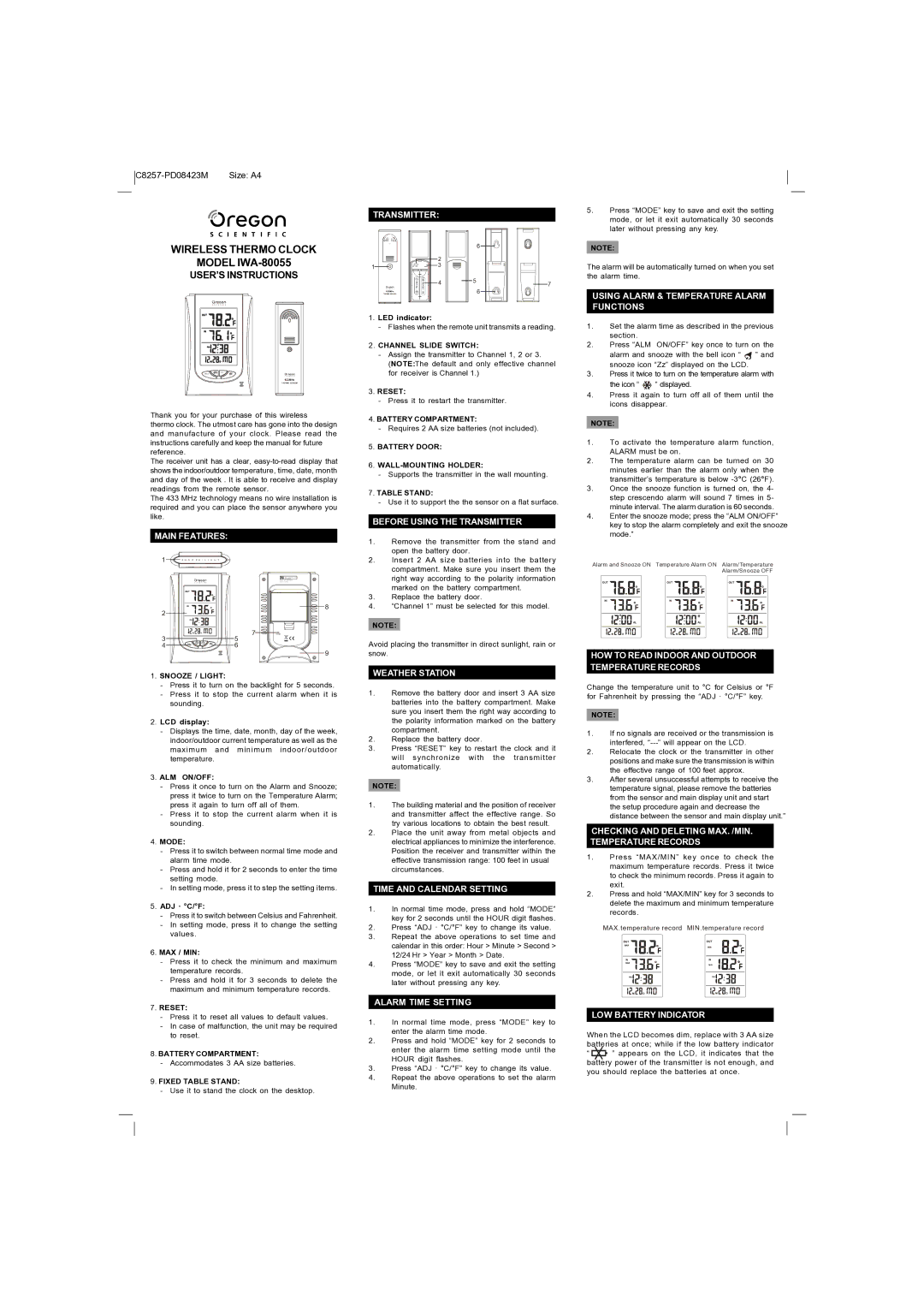 Oregon Scientific IWA-80055 manual Main Features Transmitter, Before Using the Transmitter, Weather Station 