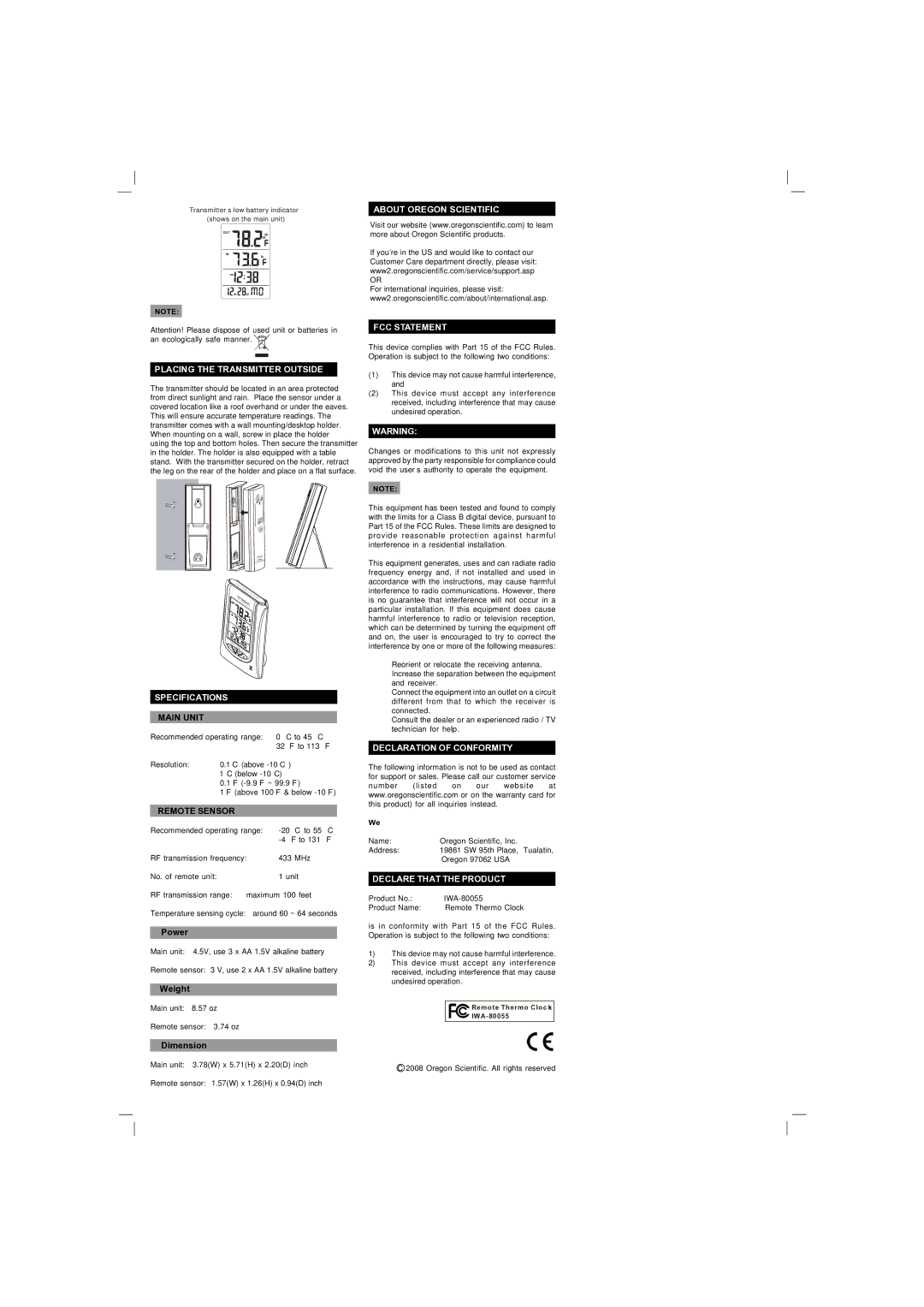 Oregon Scientific IWA-80055 manual Placing the Transmitter Outside, Specifications, About Oregon Scientific FCC Statement 