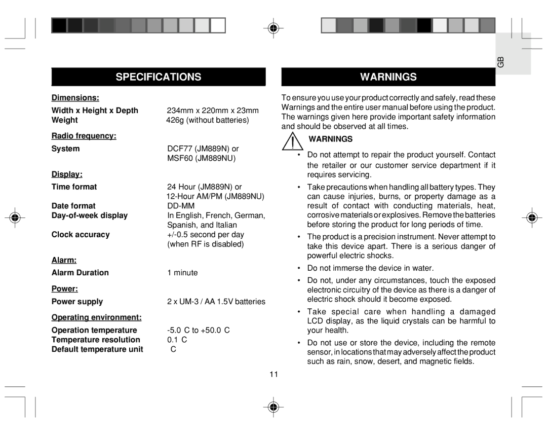 Oregon Scientific JM889NU user manual Specifications 