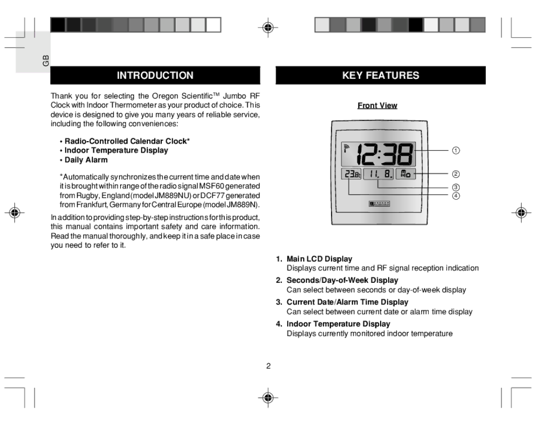 Oregon Scientific JM889NU Introduction, KEY Features, Front View Main LCD Display, Seconds/Day-of-Week Display 