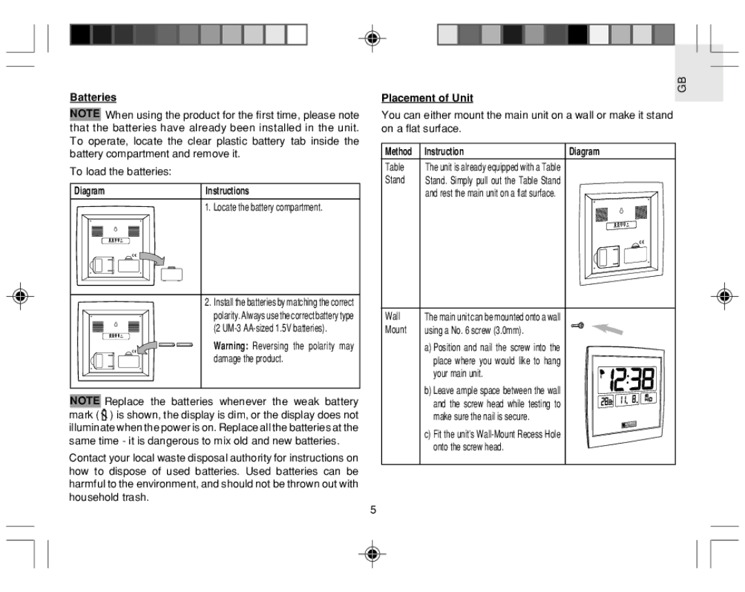 Oregon Scientific JM889NU user manual Diagram Instructions, Placement of Unit, Method Instruction 