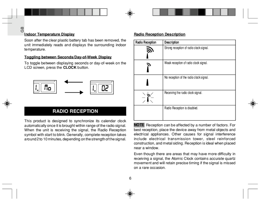 Oregon Scientific JM889NU user manual Toggling between Seconds/Day-of-Week Display, Radio Reception Description 