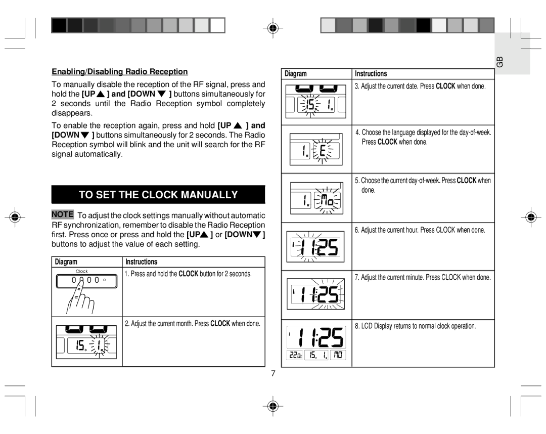 Oregon Scientific JM889NU To SET the Clock Manually, Enabling/Disabling Radio Reception, Press Clock when done, Done 