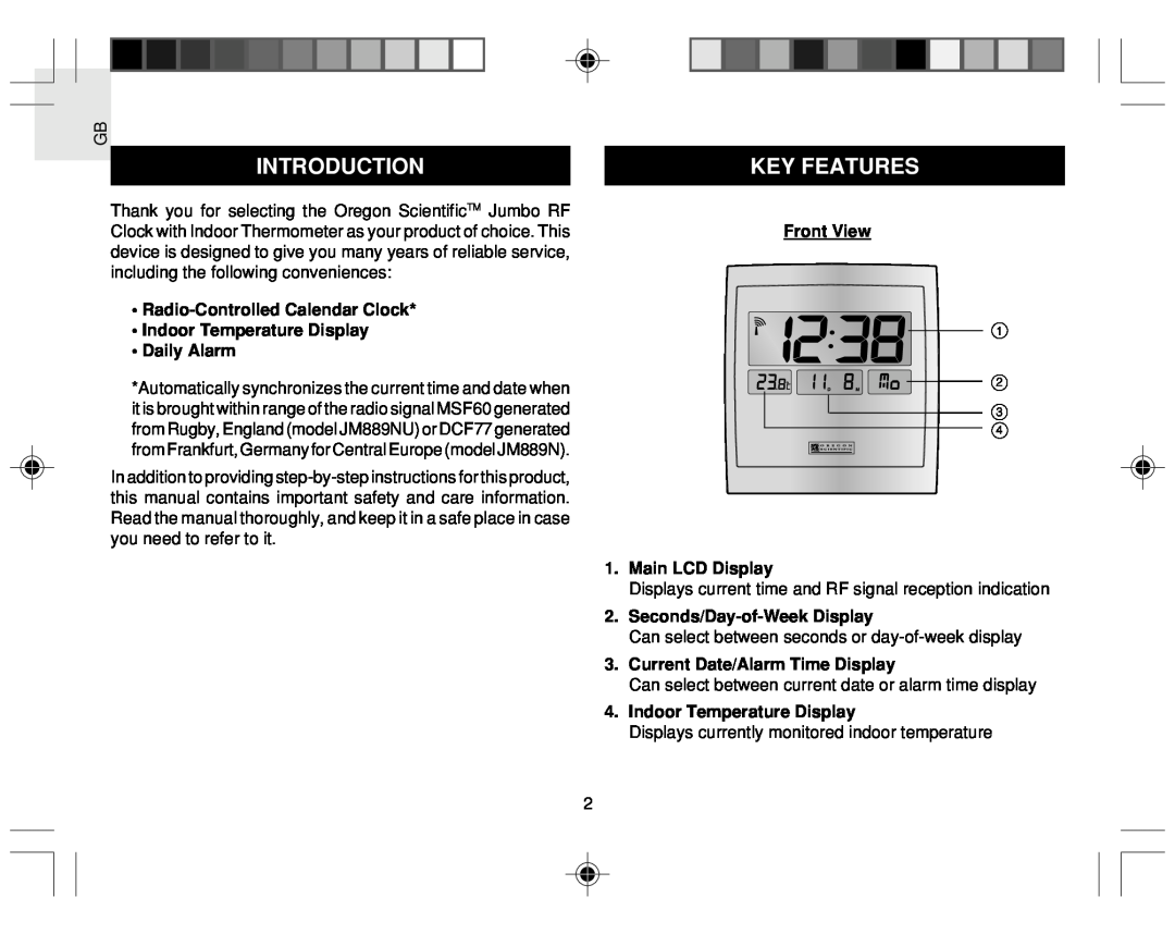 Oregon Scientific JM889NU Introduction, Key Features, Radio-Controlled Calendar Clock Indoor Temperature Display 