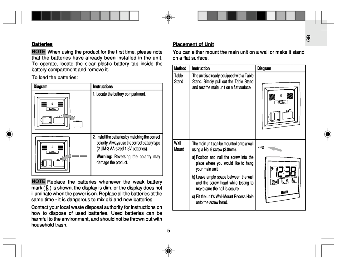 Oregon Scientific JM889NU user manual Diagram, Instructions, Placement of Unit, Method, Batteries 