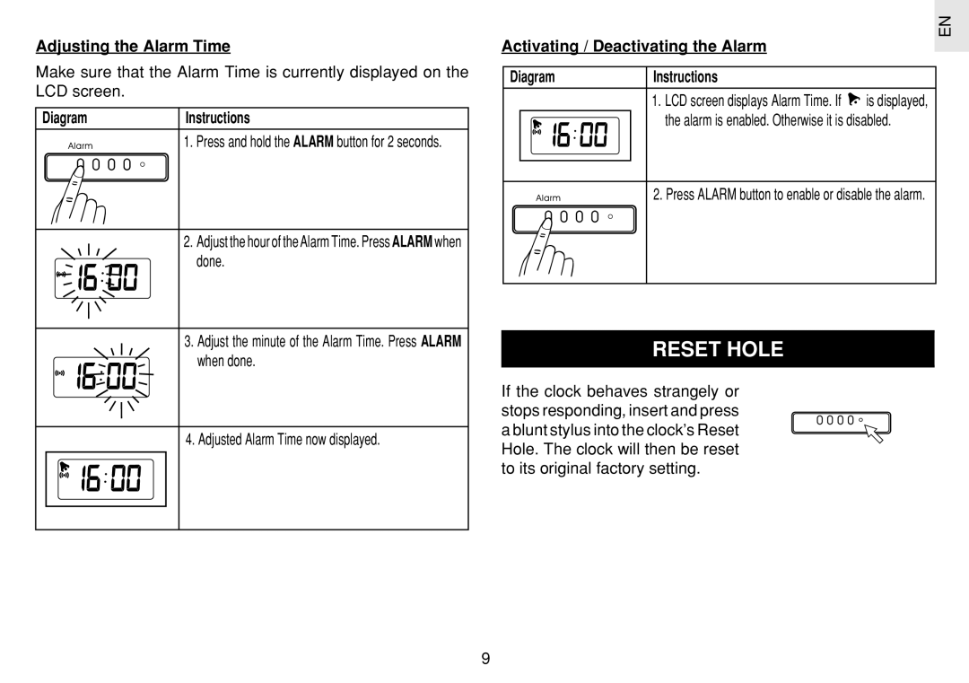 Oregon Scientific JM889N Reset Hole, Adjusting the Alarm Time, Activating / Deactivating the Alarm Diagram Instructions 