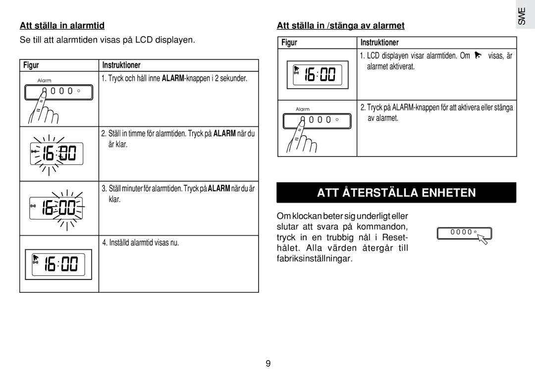 Oregon Scientific JM889N user manual ATT Återställa Enheten, Att ställa in alarmtid, Att ställa in /stänga av alarmet 