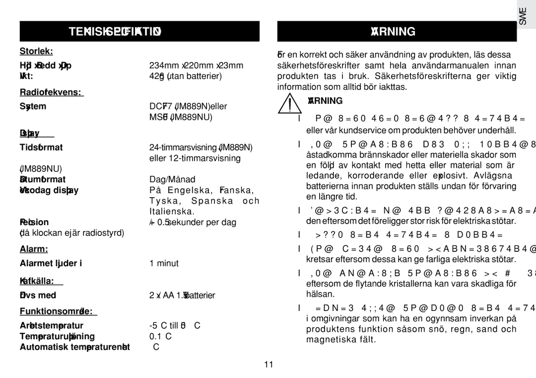 Oregon Scientific JM889N user manual Teknisk Specifikation, Varning 